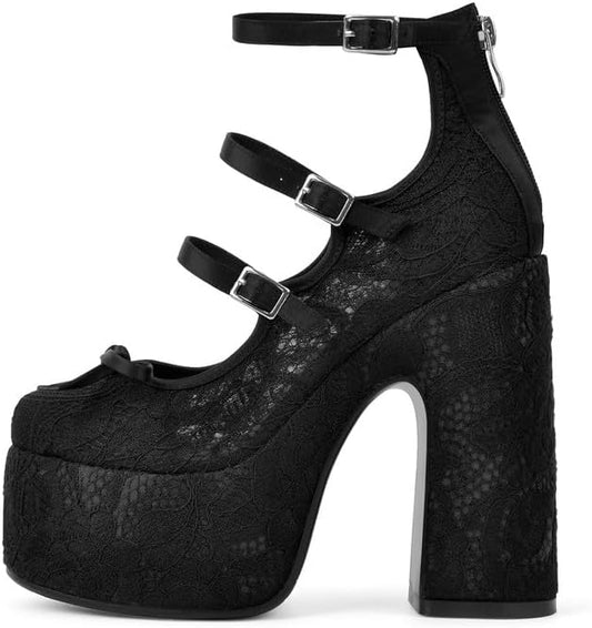 sexytag Women's Lace Mary Jane Platform Heels Gothic Lolita Chunky Block Heel Pumps with Bow Round Toe Ankle Strap High Heel Cute Vintage Punk Y2K Dress Shoes Black Size 10