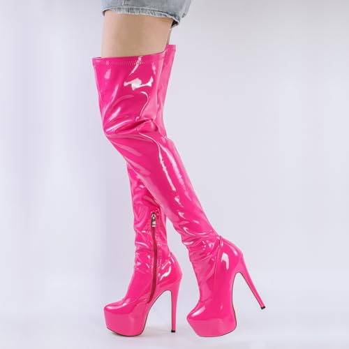 LISHAN Women's Platform High Heels Side Zipper Thigh High Boots Pull On Solid Color Faux Patent Leather Boots Dress Dancing Party Stilettos Round Closed Toe Slim Heels Rose Red Size 10