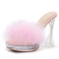 Women's Feather Heels Sandals - Fluffy Fur - Clear Strap Platform High Block Heel Slip On Square Toe Mules Pink 39 - insole length: 24.5cm/9.65 inch - US 7.5