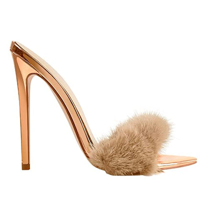 sexytag Fluffy Faux Fur Pointed Toe Mules Feather Heel for Women Sexy Stiletto High Heels Slip on Slide Sandals Slippers Gold Size 6