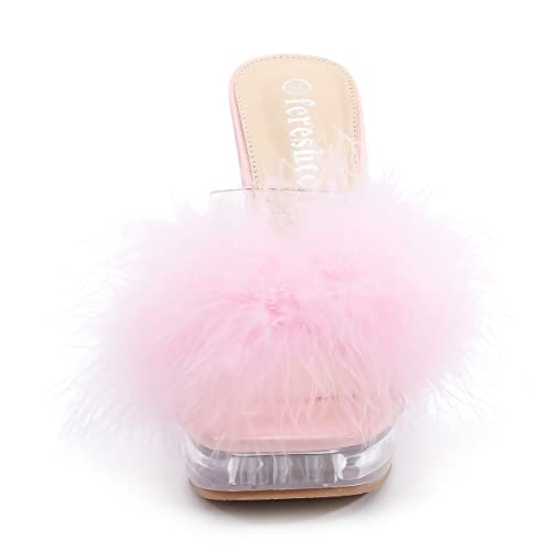 Women's Feather Heels Sandals - Fluffy Fur - Clear Strap Platform High Block Heel Slip On Square Toe Mules Pink 39 - insole length: 24.5cm/9.65 inch - US 7.5