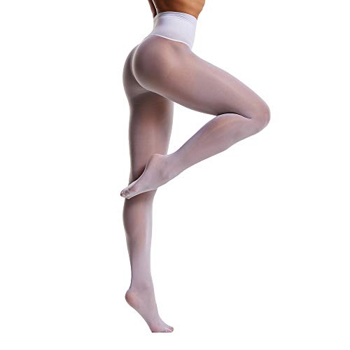Frola Oil Shiny Stockings Pantyhose 360°Seamless Crotch High Waist Smooth Tights for Women(Medium,1Pair White)
