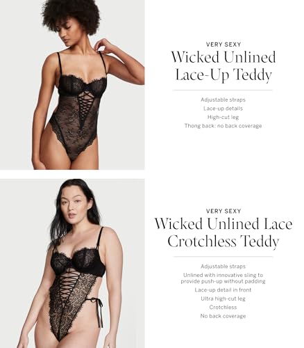 Victoria's Secret Unlined Wicked Lace Up Teddy, Sexy Lingerie, One Piece Bodysuit, Lace Bodysuit, Lingerie Set, Shapewear, Black (M)