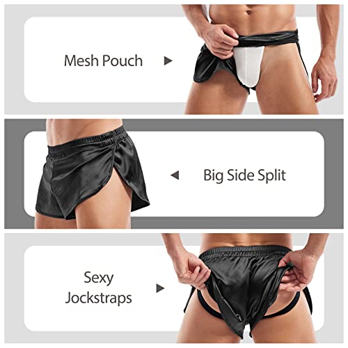 AMY COULEE Mens Sexy Boxers Shorts Split Side Running Shorts Lightweight Silky Jockstrap Stain Active Shorts (XL, Black)