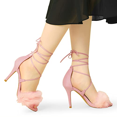 Allegra K Women's Faux Fur Stiletto Heel Pink Lace Up Heels Sandals 7.5 M US