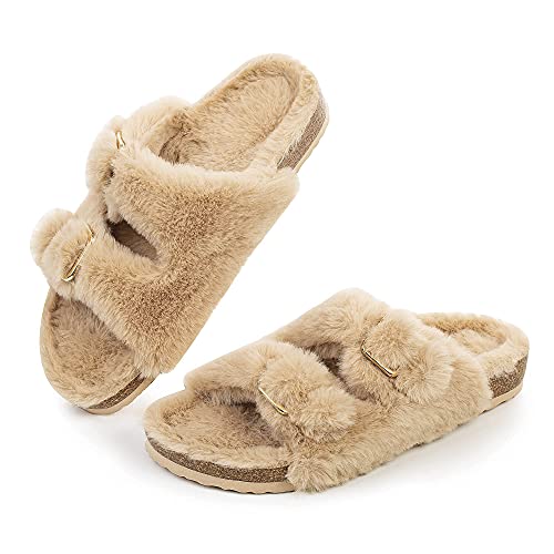 FITORY Womens Open Toe Slipper with Cozy Lining,Faux Rabbit Fur Cork Slide Sandals Camel Size 9