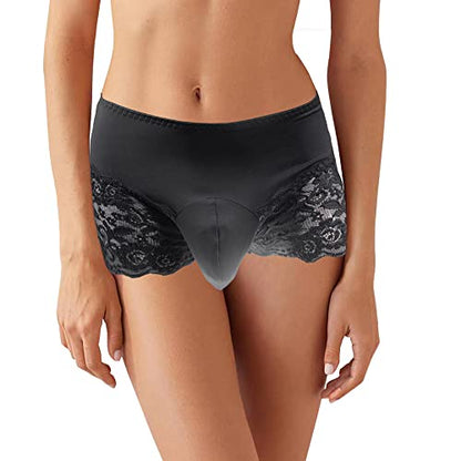 Walang Lip Men's Lace Briefs Sissy Pouch Underwear Breathable Stretch Panties Large Hip Wrap with Translucent Thighs (Black)
