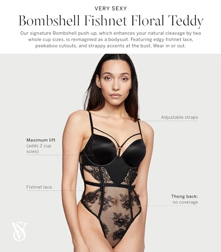 Victoria's Secret Bombshell Fishnet Floral Teddy, Black, X-Small