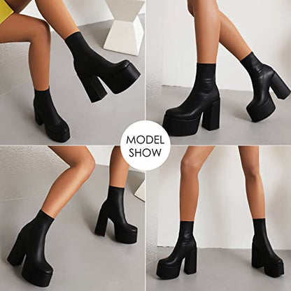 Easyfox Platform Boots for Women Mid Calf Chunky High Heels Ankle Booties Slip on Round Toe Elastic PU Leather Black Shoes size 7