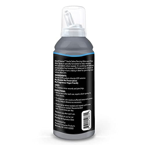 MediCleanse Sterile Saline Piercing Fine Mist Spray 7.5 Oz. All Natural, No Alcohol, Vegan Friendly, for Piercings and Tattoos