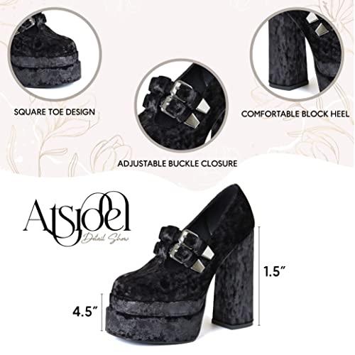 Atsroel Womens Double Platform Pumps Silk Satin Rhinestone Ankle Strap Square-Toe Chunky Block High-Heel Party Wedding Dress Heels Shoes for Women