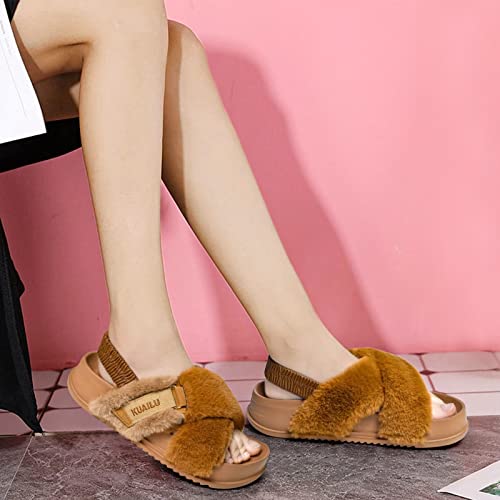 KuaiLu Womens Fuzzy Cross Band Platform Slippers with Back Strap for Summer, Fluffy Furry Ladies Open Toe Slingback Slide Slippers, Cozy Plush Fleece Comfy House Shoes Sandals Tan 11
