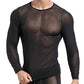 DHEWFU Men's Mesh Shirts See Through Long Sleeve Top Muscle Undershirt Clubwear Black