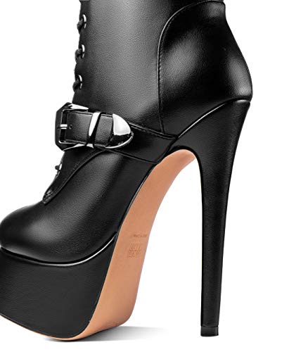 ANN CREEK 'Batian' Classic High Platform Mid Calf Boots Ultra High Stiletto Heels Lace Up Boots Faux Leather Round Toe Tie Up Boots Sexy Black Buckle Strap Thin High Heel Boots Black 9.5