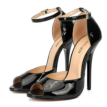MAIERNISI JESSI Unisex Men's Women's Peep Toe Stiletto High Heels Ankle Strap Sandals Black EU45 - Size 13 M US Women / 11.5 M US Men