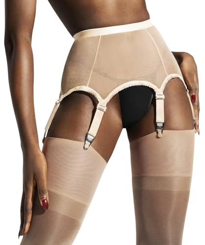 Nude Garter Belt for Thigh Highs | Mesh Tan High Waisted Garter Lingerie for Women Gothic Rave Outfit | 1x Nude Garter Belt - L