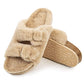FITORY Womens Open Toe Slipper with Cozy Lining,Faux Rabbit Fur Cork Slide Sandals Camel Size 9