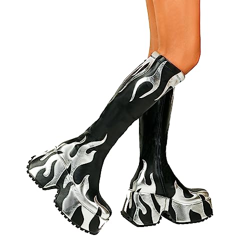 HiColor women’s side zipper high heeled silver Flames printing thick sole boots high boots round toe boots