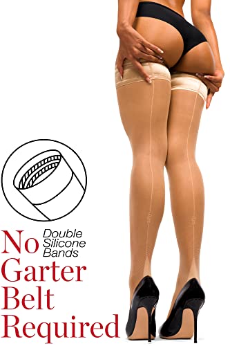 sofsy Sheer Backseam Thigh-High Stockings - Seamed Nylon Pantyhose w/Hold-Up Silicone | 20 Den [Made in Italy] - Natural with Natural Seam - Medium/Large