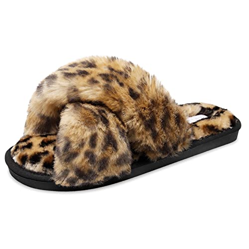JIASUQI Women's Cross Band Fuzzy House Slippers Soft Plush Furry Faux Fur House Indoor Outdoor Slippers for Women Leopard 8-9