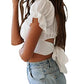 LYANER Women's Ruffle Short Sleeve Tie Up Back Crop Top Off Shoulder Bardot Blouse White Medium