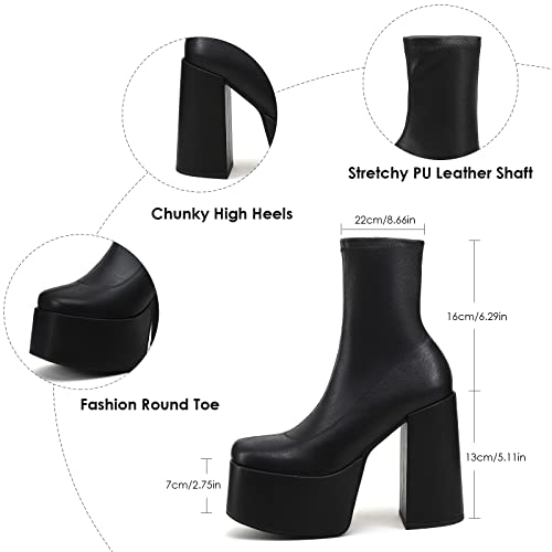 Easyfox Platform Boots for Women Mid Calf Chunky High Heels Ankle Booties Slip on Round Toe Elastic PU Leather Black Shoes size 7