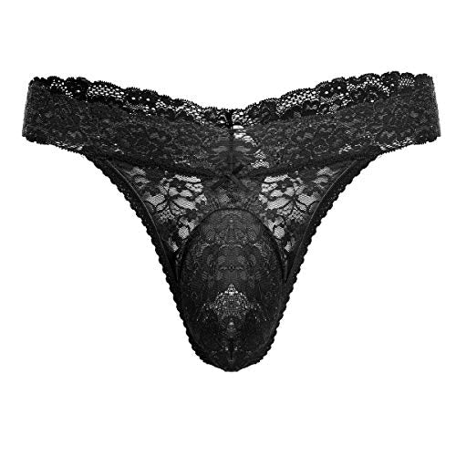 Men's Lace Frilly Sissy Thong Panties Sheer Mesh Bikini Briefs T-back G-string Underwear Black X-Large