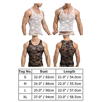 Men's Sissy Lace Mesh Fishnet Undershirt Floral Muscle Shirt Sheer See Through Tanks Top Sleeveless Slim Fit Semi Transparent Vest Singlet Gym Tee Shirts 02# Black X-Large