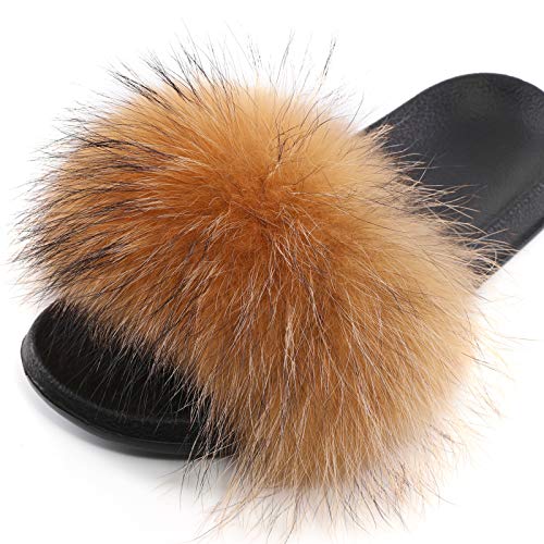 Valpeak Fur Slippers Slides For Women Open Toe Fuzzy Fur Slippers