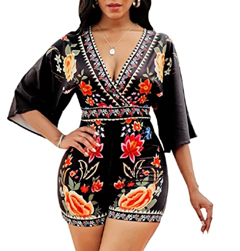 Rompers for Women Summer Dressy Half Sleeve Backless Top Jumpsuit Casual V Neck Floral Print Loose One Piece Outfit