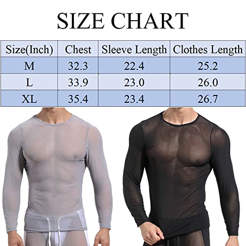 DHEWFU Men's Mesh Shirts See Through Long Sleeve Top Muscle Undershirt Clubwear Black