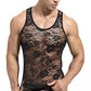 Men's Sissy Lace Mesh Fishnet Undershirt Floral Muscle Shirt Sheer See Through Tanks Top Sleeveless Slim Fit Semi Transparent Vest Singlet Gym Tee Shirts 02# Black X-Large
