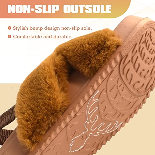 KuaiLu Womens Fuzzy Cross Band Platform Slippers with Back Strap for Summer, Fluffy Furry Ladies Open Toe Slingback Slide Slippers, Cozy Plush Fleece Comfy House Shoes Sandals Tan 11