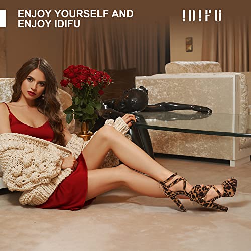 IDIFU Women's IN5 Charcy Crisscross Strappy Platform High Chunky Heels Peep Toe Pump Party Heeled Sandals (Leopard Suede, 12 M US)