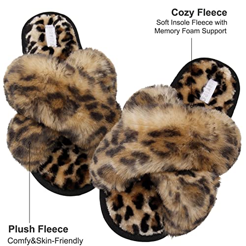 JIASUQI Women's Cross Band Fuzzy House Slippers Soft Plush Furry Faux Fur House Indoor Outdoor Slippers for Women Leopard 8-9