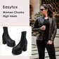 Easyfox Platform Boots for Women Mid Calf Chunky High Heels Ankle Booties Slip on Round Toe Elastic PU Leather Black Shoes size 7