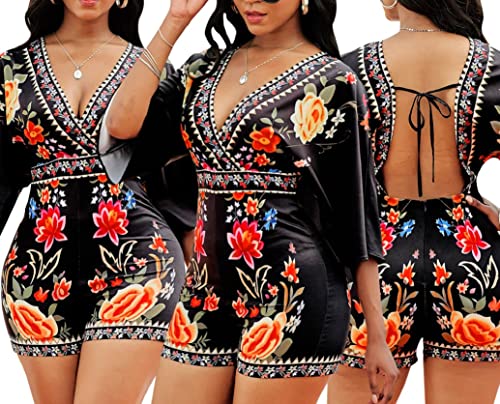 Rompers for Women Summer Dressy Half Sleeve Backless Top Jumpsuit Casual V Neck Floral Print Loose One Piece Outfit