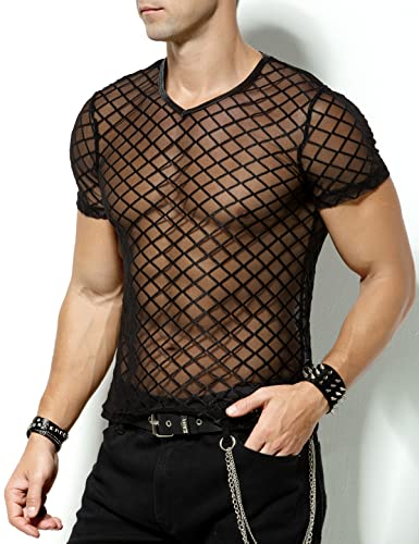 Arjen Kroos Men's Sexy See Through T Shirt Mesh Fishnet Undershirts Transparent Shirt
