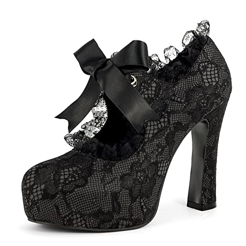Elerhythm Women's Platform High Heels Lace Mary Jane Ribbon Tie Closed Toe Prom Sexy Elegantes Gothic Pumps Vintage Sweet Dress Shoes (Black US6)