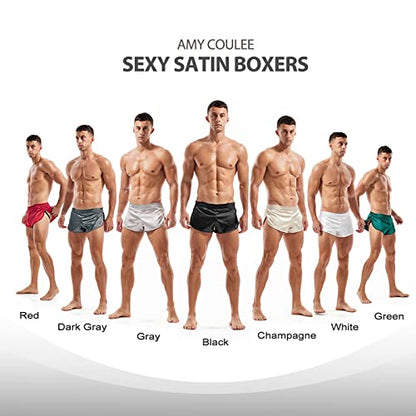 AMY COULEE Mens Sexy Boxers Shorts Split Side Running Shorts Lightweight Silky Jockstrap Stain Active Shorts (XL, Black)
