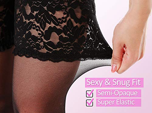 G&Y Thigh High Stockings with Silicone - 15D Sheer Lace Top Nylon Stay Up Pantyhose for Women