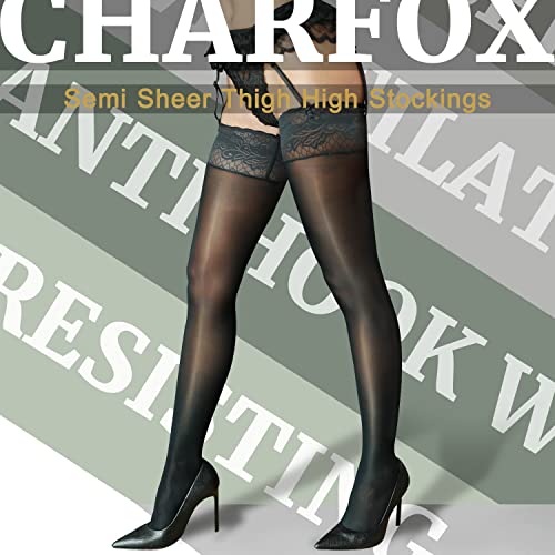 CHARFOX Thigh High Stockings , Women's Sheer Highs with Silicone Lace Top, Shiny Stay Up Silk Lingerie Stockings for Dating Black