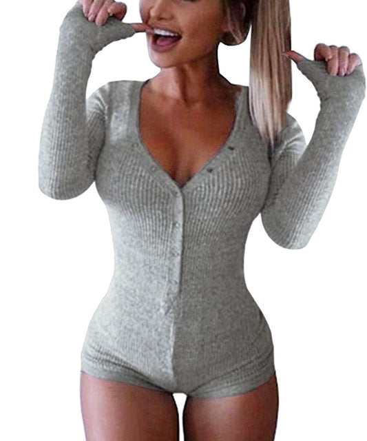 Roselux Women's Sexy Deep V Neck Shorts Long Sleeve Knitted One Piece Bodysuit Bodycon Rompers Overall(Gray,M)