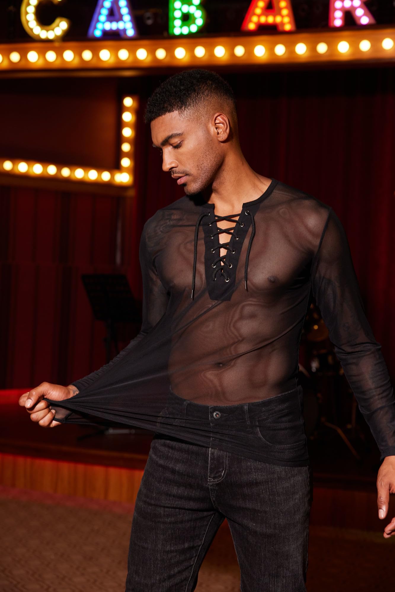 Coofandy Mens Sexy Lace up See Through Long Sleeve T Shirt Mesh Undershirts, Black, Medium