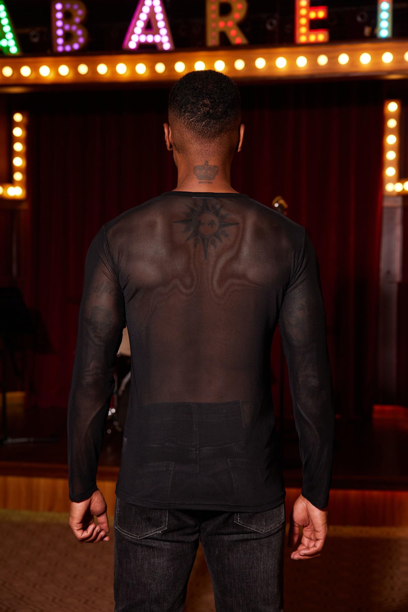Coofandy Mens Sexy Lace up See Through Long Sleeve T Shirt Mesh Undershirts, Black, Medium