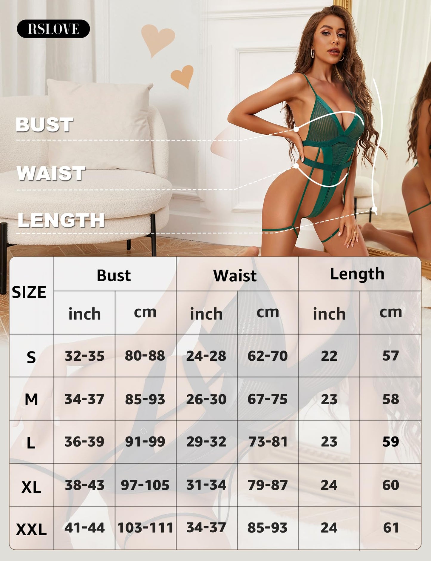 RSLOVE Teddy Lingerie for Women with Garter Belt One Piece Lingerie Sexy Strappy Lingerie Mesh Exotic Bodysuit Green Small